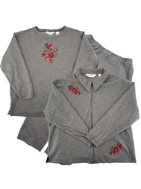 Bechamel 3 Pc Set Houndstooth Embroidered Flowers Cotton Vintage Casual Comfort